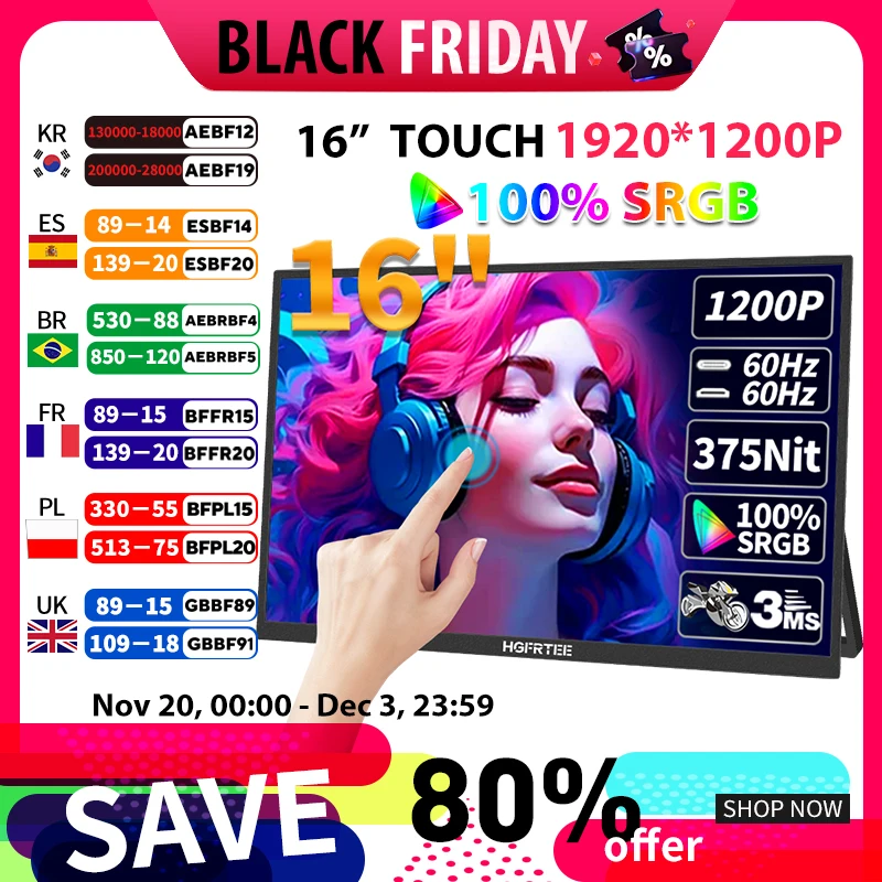 

HGFRTEE 16inch Touch Portable Monitor 16:10 96%sRGB 350Cd/m² Second Screen For Laptop With Holder Stand Type-C HDMI-Compatible