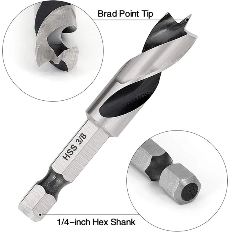 ipiip, 6 шт., короткие сверла HSS Brad Point с быстросменным шестигранным хвостовиком 1/4 дюйма 3/32 1/8 3/16 1/4 5/16 3/8