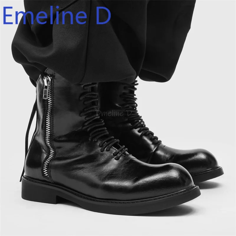 

Casual Motorcycle Boots Fashionable Trendy Men's Height Increasing Front Lace Up Decoration Side Zipper Design Workwear Boots