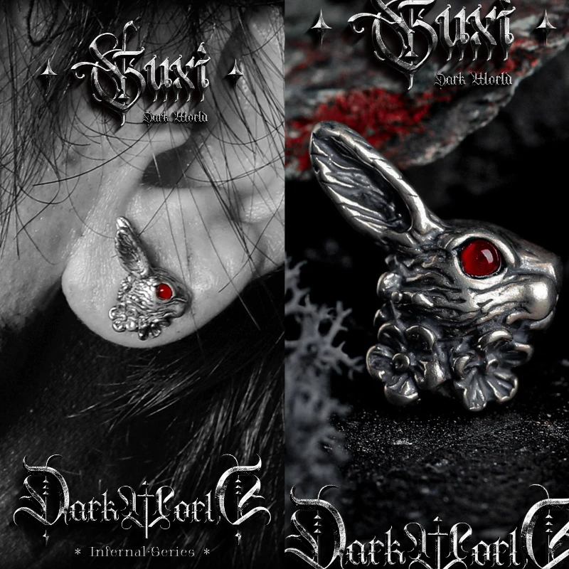 Pendientes Vintage HQ Devil Rabbit para hombre, serie Dark World, pendientes góticos de plata S925 con circonita para mujer, joyería con orificio para la oreja de diseño a la moda