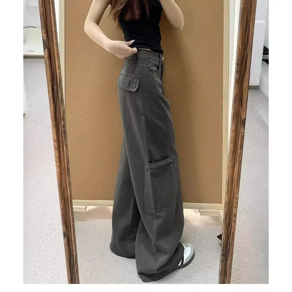 

Ey Широкие джинсовые рабочие брюки для женщин, осенние большие размеры, груша, апей, большие размеры, свободные утягивающие драпированные прямые брюки