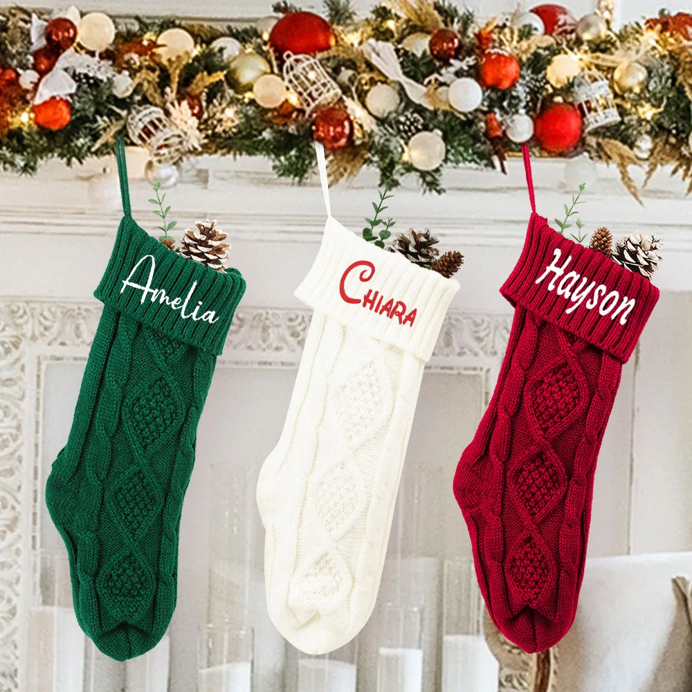 

hristmas Knitted Socks Personalized Christmas Gift Bag Decorative Stocking Embroidery Name New Year Christmas Pendant Socks