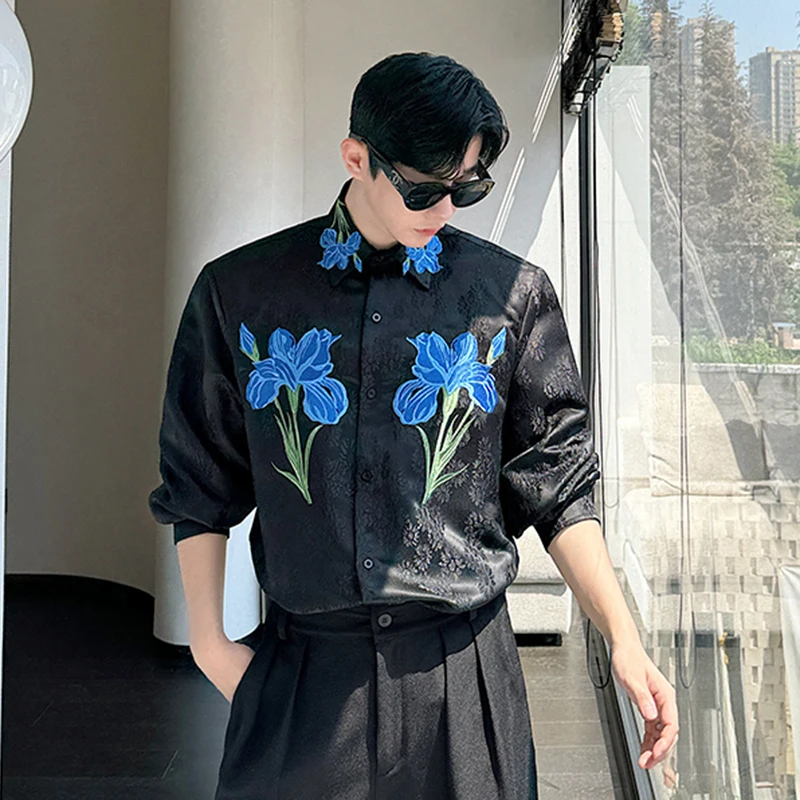 IEFB Niche Design Men\'s Shirt Embroidered Flower Pattern Long Sleeve Shirts Korean New Chic Women\'s Wear Men Clothing 9C7021