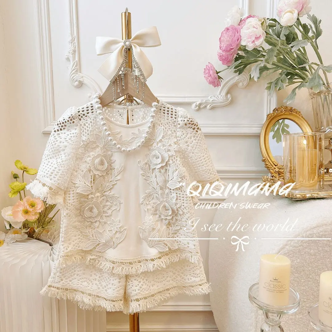 Retail 2024 New Baby Girls Summer Teenage Fashion Lace Hollow Out Sets,   T-shirt + Shorts   3-10T