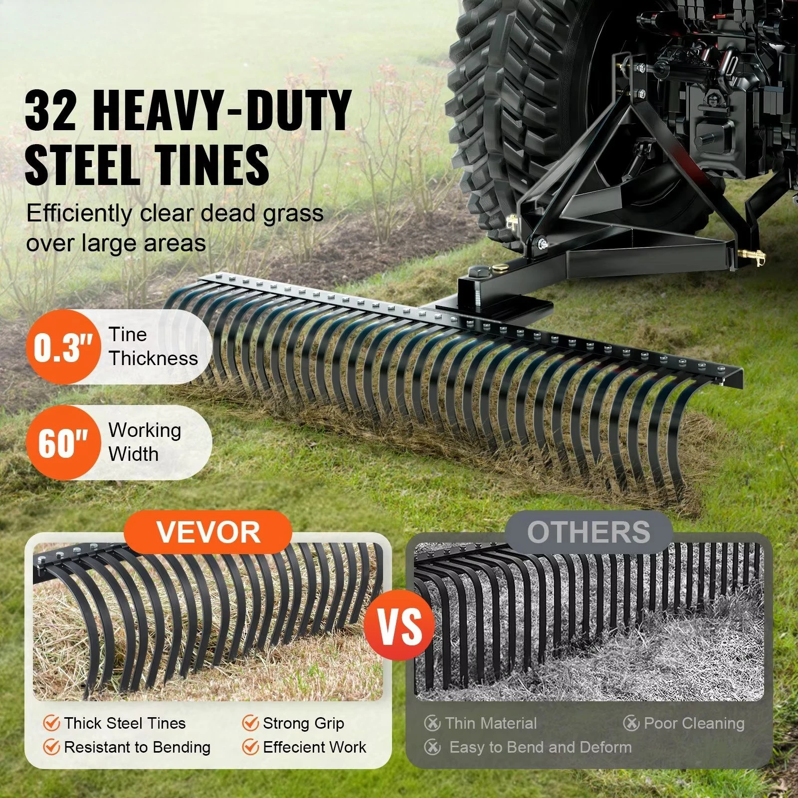 Wholesale 60 inch width traction thatch remover 32 durable steel fork tractor compatible 3 point hook garden farm machine