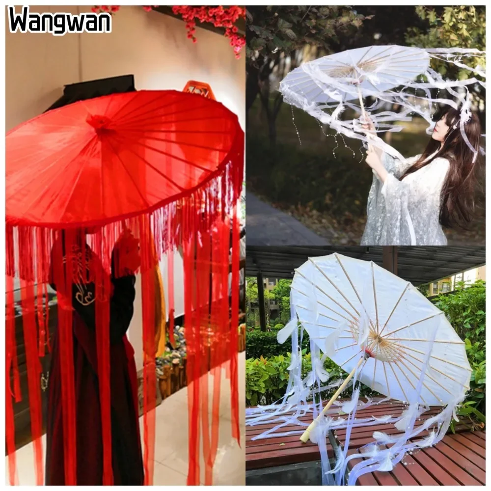 Chinese Craft Paper Umbrella for Women White Parasol UV Tassel Feather Ribbon Dance Performance Props Japanese Anime Red Parasol