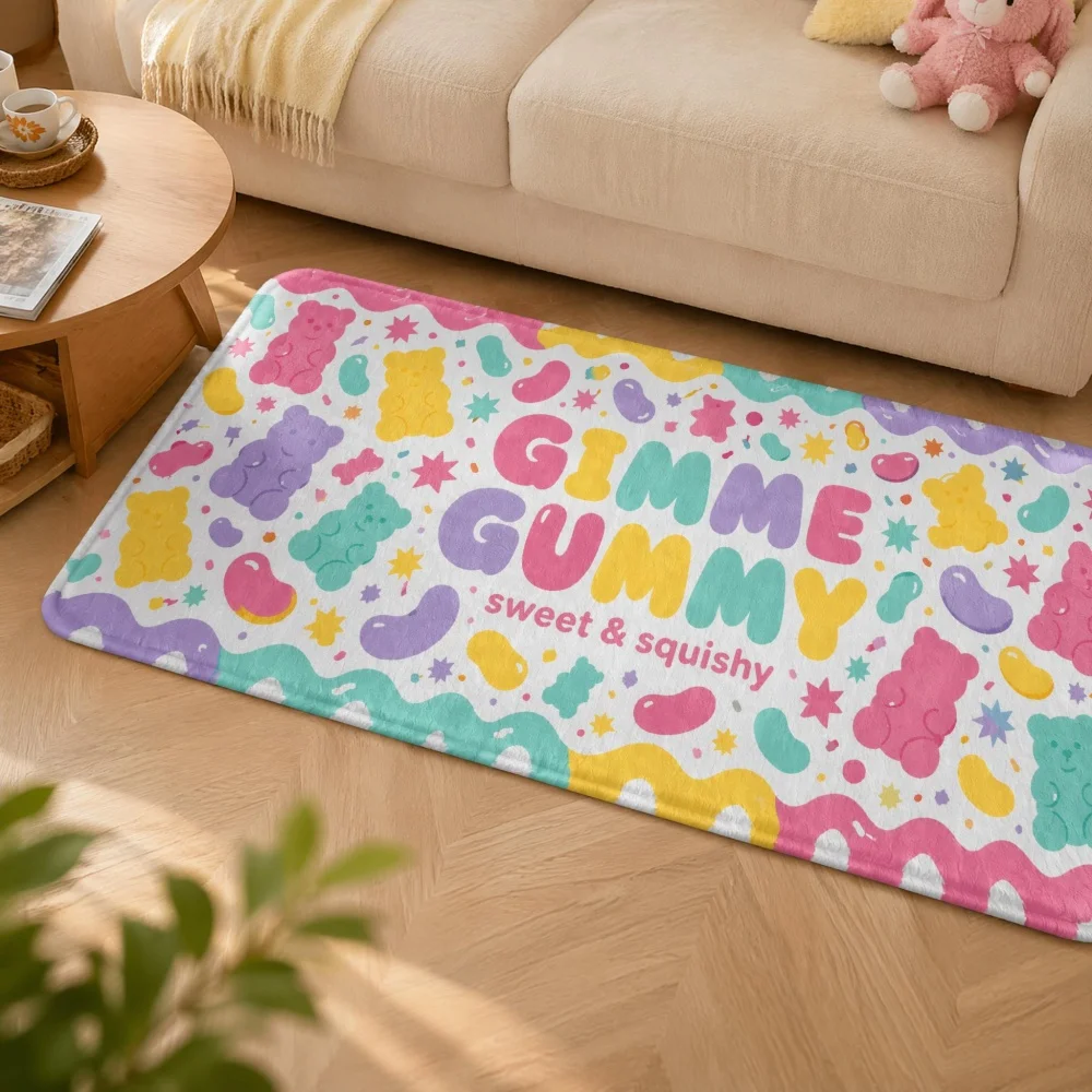 Flannel Long Runner Floor Mat Pastel Gummy Bear Jelly Candy Print Non Slip Absorbent Rug Kawaii Sweet Girl Bedroom Decor Doormat