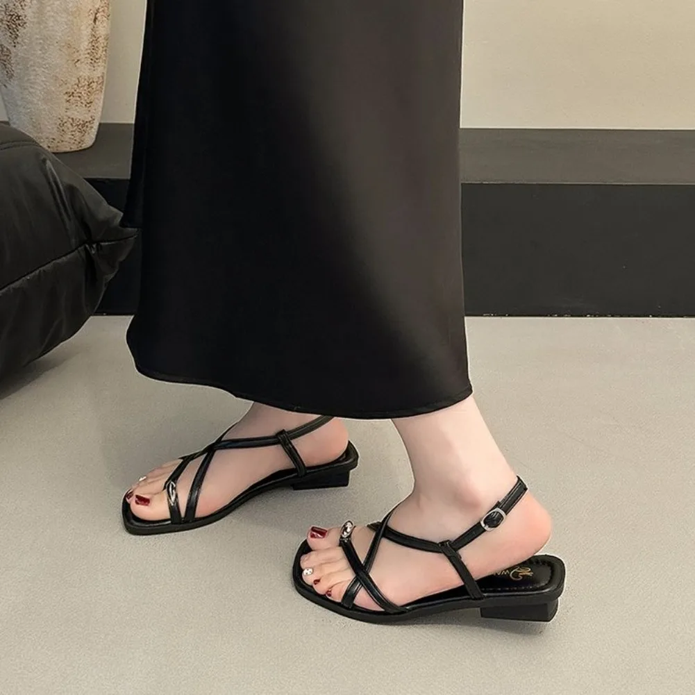 Summer Women Cross Strap Sandals Metal Clip Toe Adjustable Ankle Buckle Shoes Ladies Comfort Low Heel Beach Vacation Sandalias