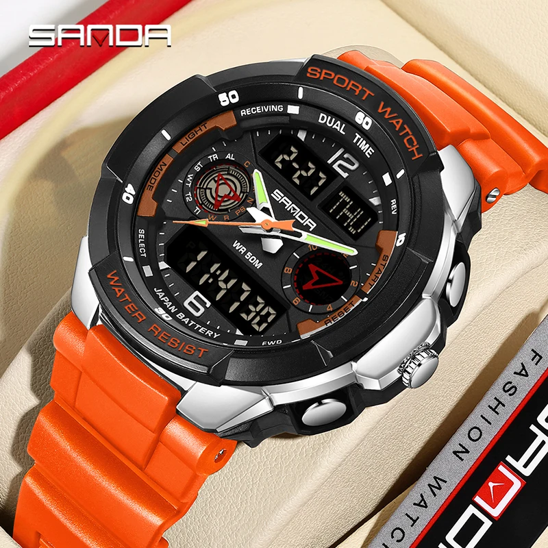 SANDA G Style Dual Display Men Electronic Watch Chronograph Alarm Digital Clocks Countdown Multifunctional Man Quartz Wristwatch