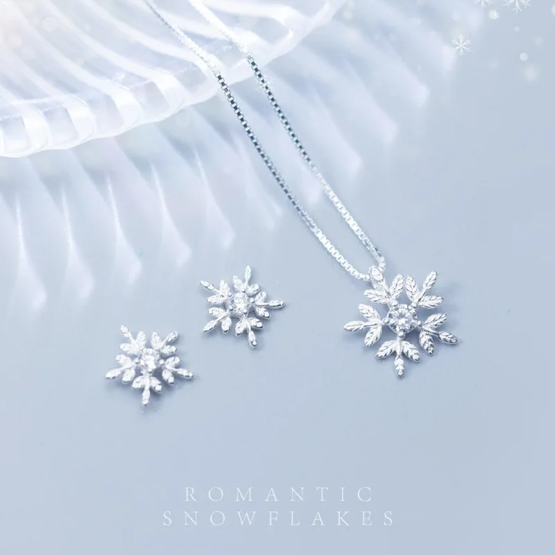 Creative Inlaid Zircon Snowflake Necklace Earring Sets For Women Girl Fashion 925 Sterling Silver Gift Birthday Jewelry Set