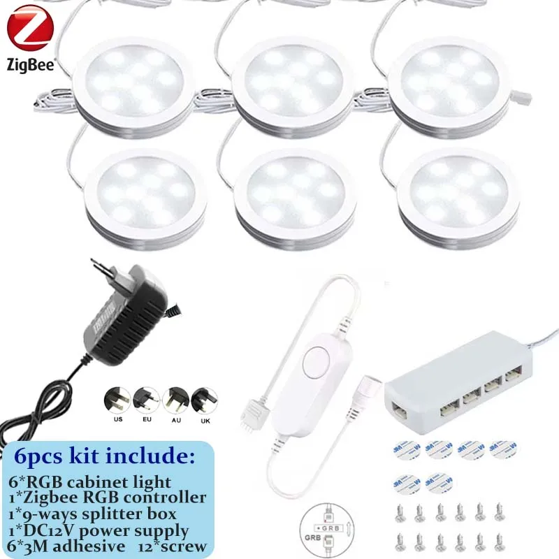DC12V Tuya Zigbee LED Ronde Onder Kast Licht Kit RGB Kleurverandering Dimmen voor Keuken Plank, Spraakbesturing Google Alexa Echo