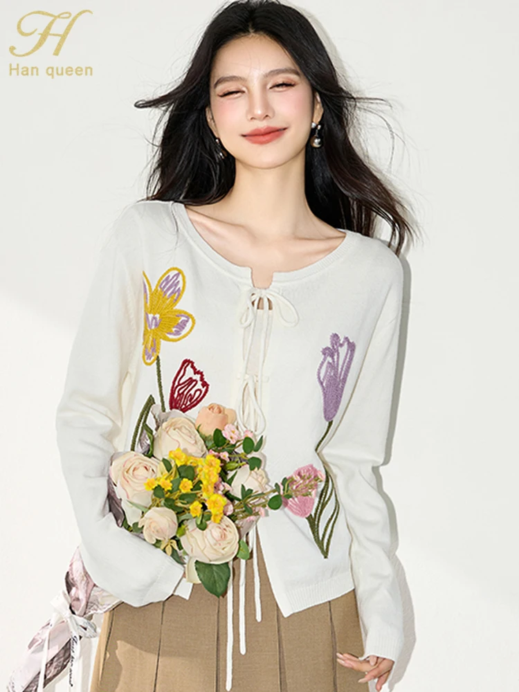 

H Han Queen Woman Embroidered Straps Cardigan Sweaters Women Knitwear Korean Soft Vintage Fashion Simple Basic Long Sleeve Tops