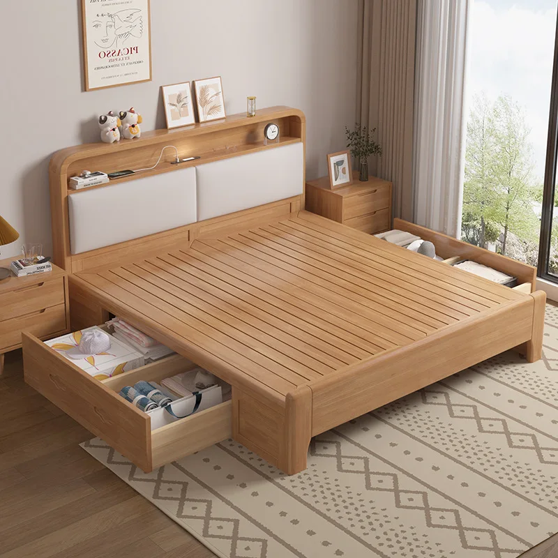 #Luxury Modern Bedroom Hand Carved Solid Rubber Wood Soft Bed King Size Storage Platform Eco-Friendly Durable Home Furniture