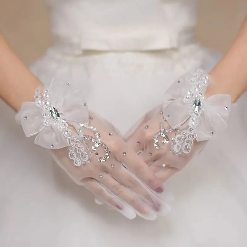 New Arrival Ivory Bridal gloves Ginger with Crystals Cheap Wedding gloves Wrist Length