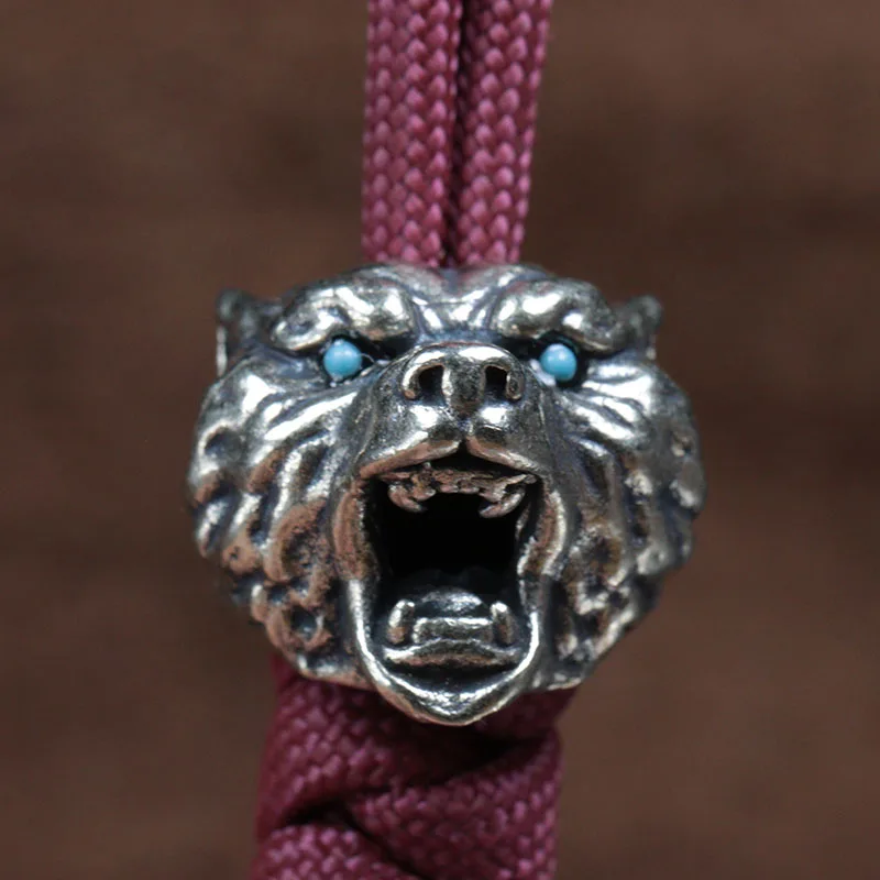 Blue Eyes Roaring Brown Bear Head Sculpture Brass Knife Bead Paracord Lanyard Pendant EDC DIY Umbrella Rope Bracelet Accessories