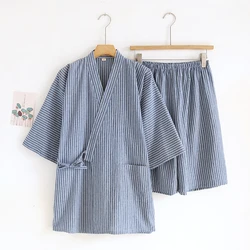 Minimalist Striped Kimono Pajamas For Men Cotton Short Sleeved Shorts Summer Home Clothing Set Thin V-Neck Cardigan Sleepwear