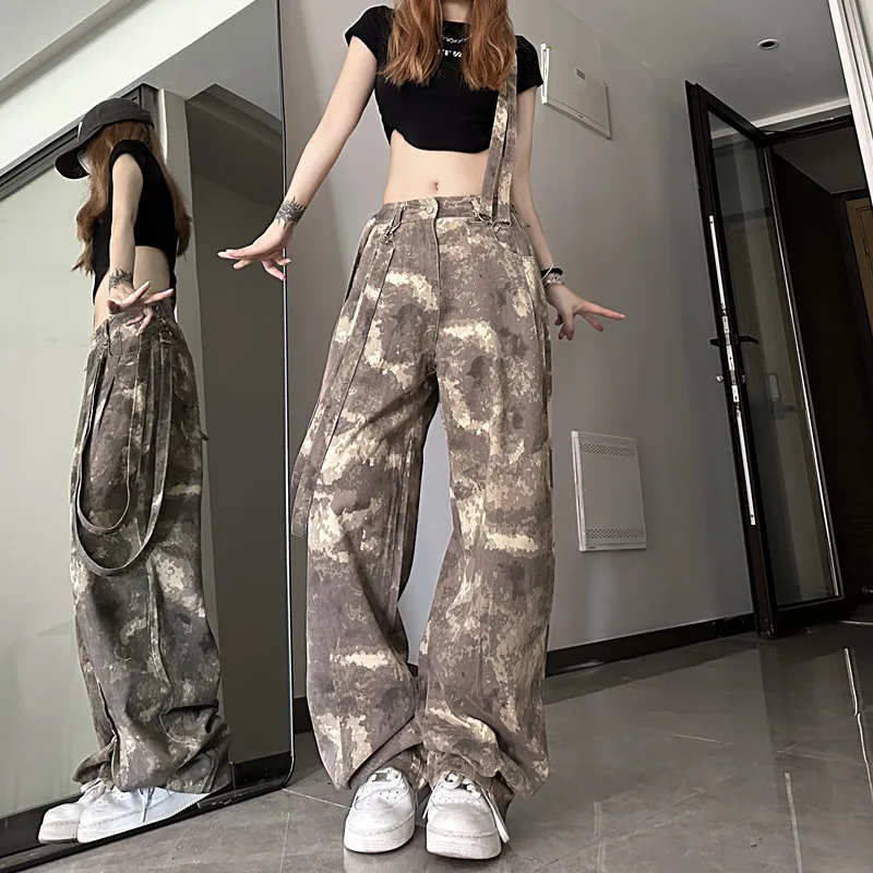 WCFCX STUDIO 2023 American Style Retro Street Camouflage Overalls Women Y2K Harajuku Fashion Cargo Pants Casual Loose Pants