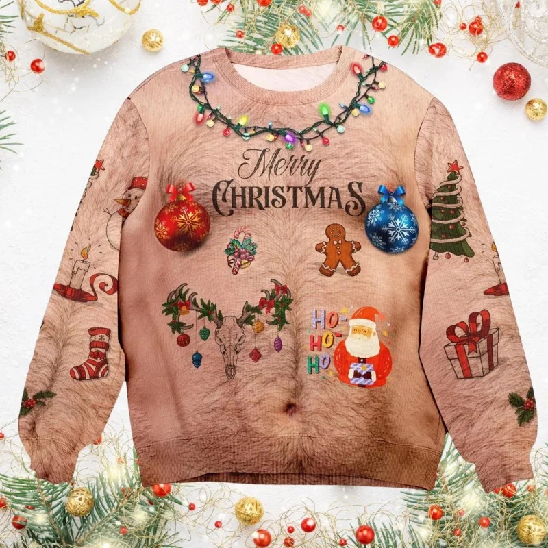 3D طباعة وهمية بيكيني الصدر الشعر البلوز للرجال النساء القبيح عيد الميلاد نمط البلوفرات عارضة جولة الرقبة طويلة الأكمام هوديس #2