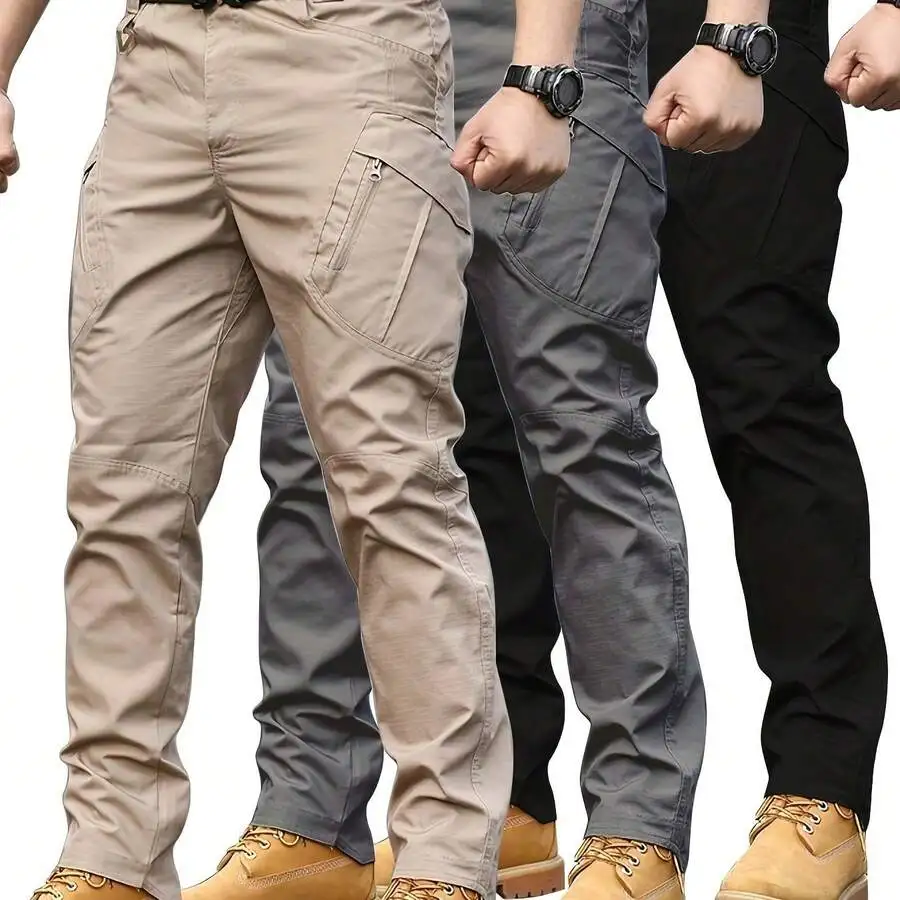 

3 Pcs Mens Polyester Cargo Pants Straight Leg Multi Pocket Casual Outdoor Pants