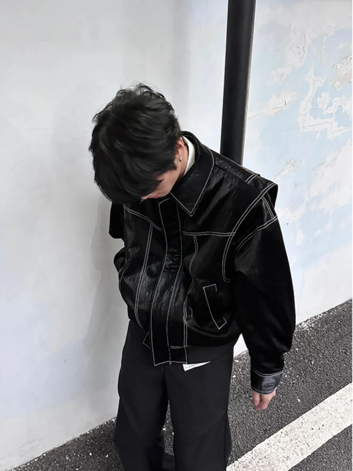 

Мужская кожаная куртка Bla для весны и осени, мотоциклетная, с наплечными накладками, с декоративной строчкой, в американском уличном стиле, рабочая одежда