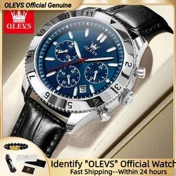 OLEVS Original Quartz Watch for Men Leather Strap Chronograph Calendar Waterproof Luminous Men's Wristwatches Relógio Masculino