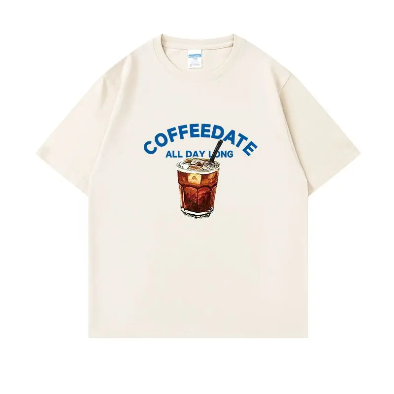 Letnia koszulka z krótkim rękawem z nadrukiem kawy na lodzie w stylu amerykańskim, bawełniana, męska i damska, luźny krój, okrągły dekolt, dla par, codzienna odzież.