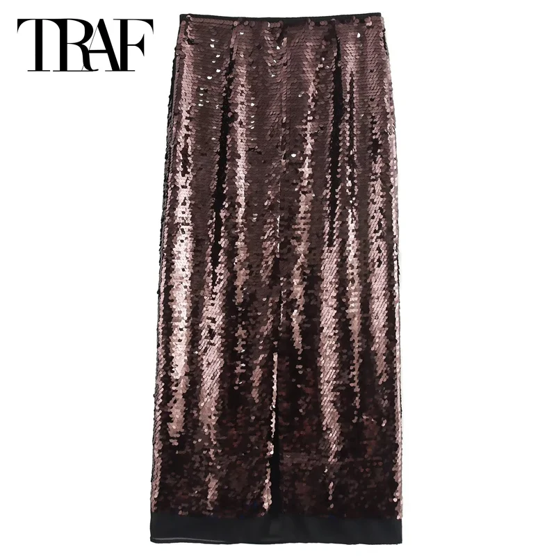 TRAF Midi Sequins Skirt Women's Skirt Brown Long High Waist Skirt Solid Line Dance Skirt Woman Aesthetic Vintage Elegant Skirts