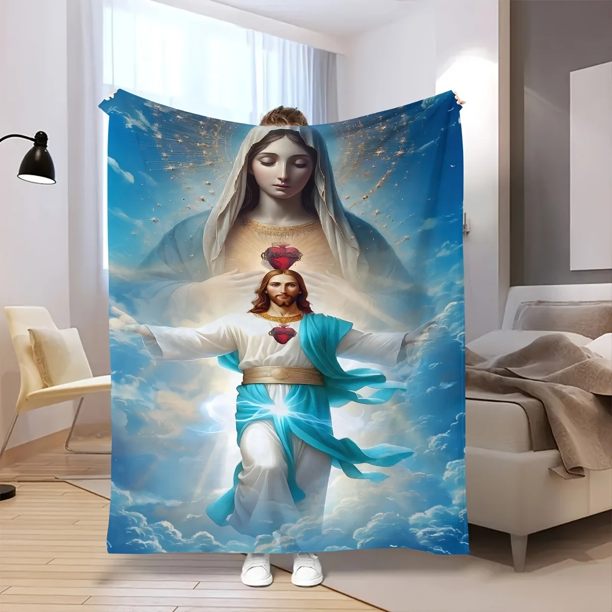 Jesus And Virgin Mary Blanket Sacred Heart Of Jesus Print Soft Flannel Fleece Throw Quilt Bedding Sofa Cover Warm Plush Blanket