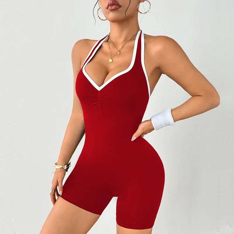 2026 Color Block Halter Neck Yoga Romper​ Women Sweetheart Neck Cutout Back Scrunch Butt Lift One-Piece with Built-in Shorts