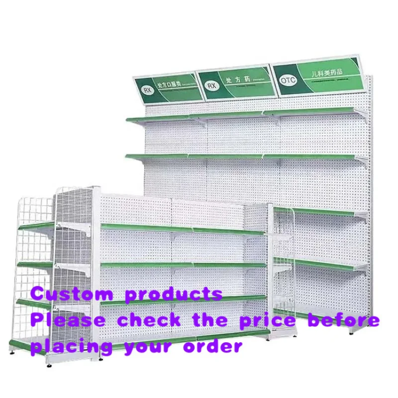 custom.Hongbai Heavy Duty Double-Sided Steel Retail Rack Pharmacy Supermarket Shelf Island Wall-Mounted