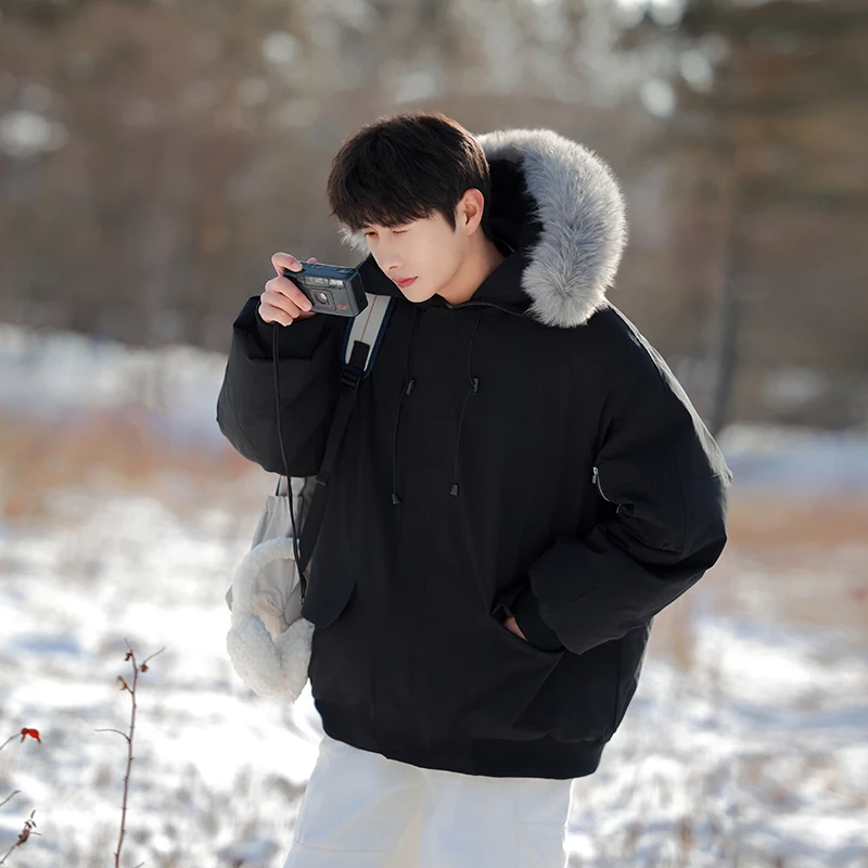 

Мужская куртка-парка, зимняя модная теплая куртка с меховым воротником, женская однотонная повседневная парка с капюшоном, пальто, верхняя одежда, американская пара 2025