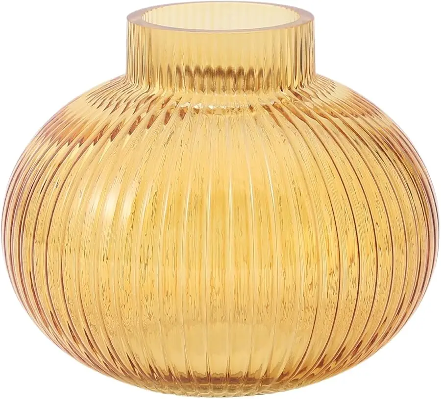 Amber Glass Vase for Tulips, Ribbed Glass Vase for Flowers, Round Flower Vases, Small Short Vases for Living Room, Office, Coffe