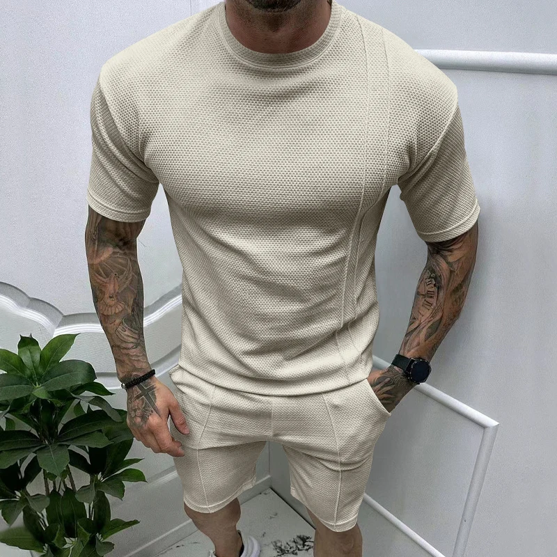 Summer New Men\'s Pullover Round Neck T-shirt Sports Casual Top Men\'s Short sleeved Shorts Set