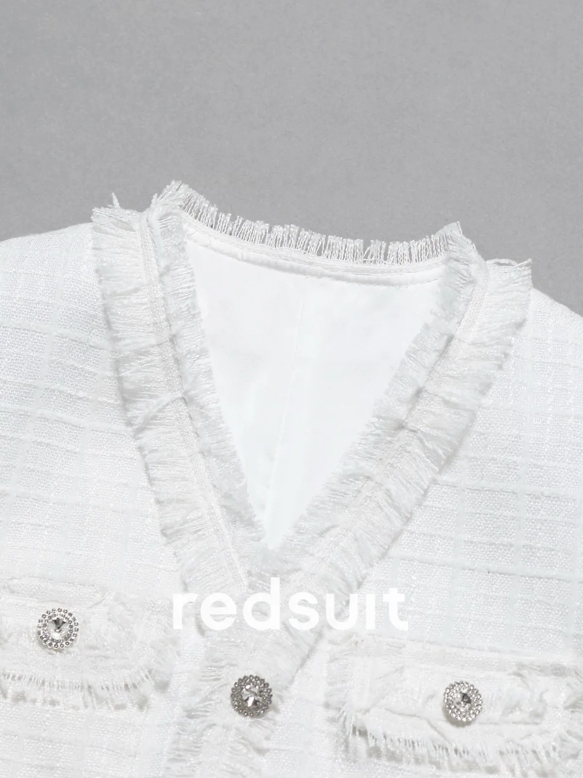 New White lightweight tweed jacket with fashionable and versatile V-neck tassel design top   Custom size