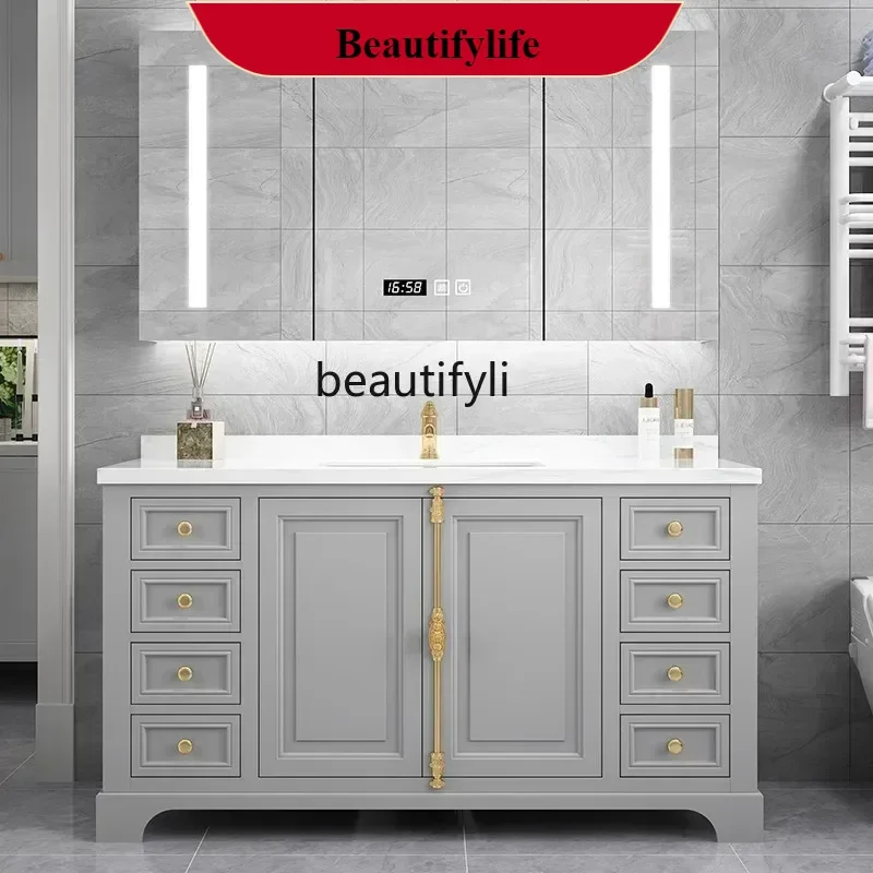 

F185 American Light Luxury Bathroom Cabinet Combination Solid Wood Washbasin Floor Type Stone Plate Smart Washstand