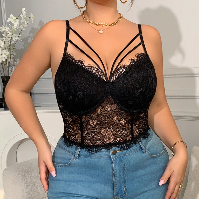 

Hollow Large Lace Camisole Transparent Deep V Square Neck Lace Crop Tops Sleeveless Slim Fit Suspender Luxury Lingeries Sexy Hot