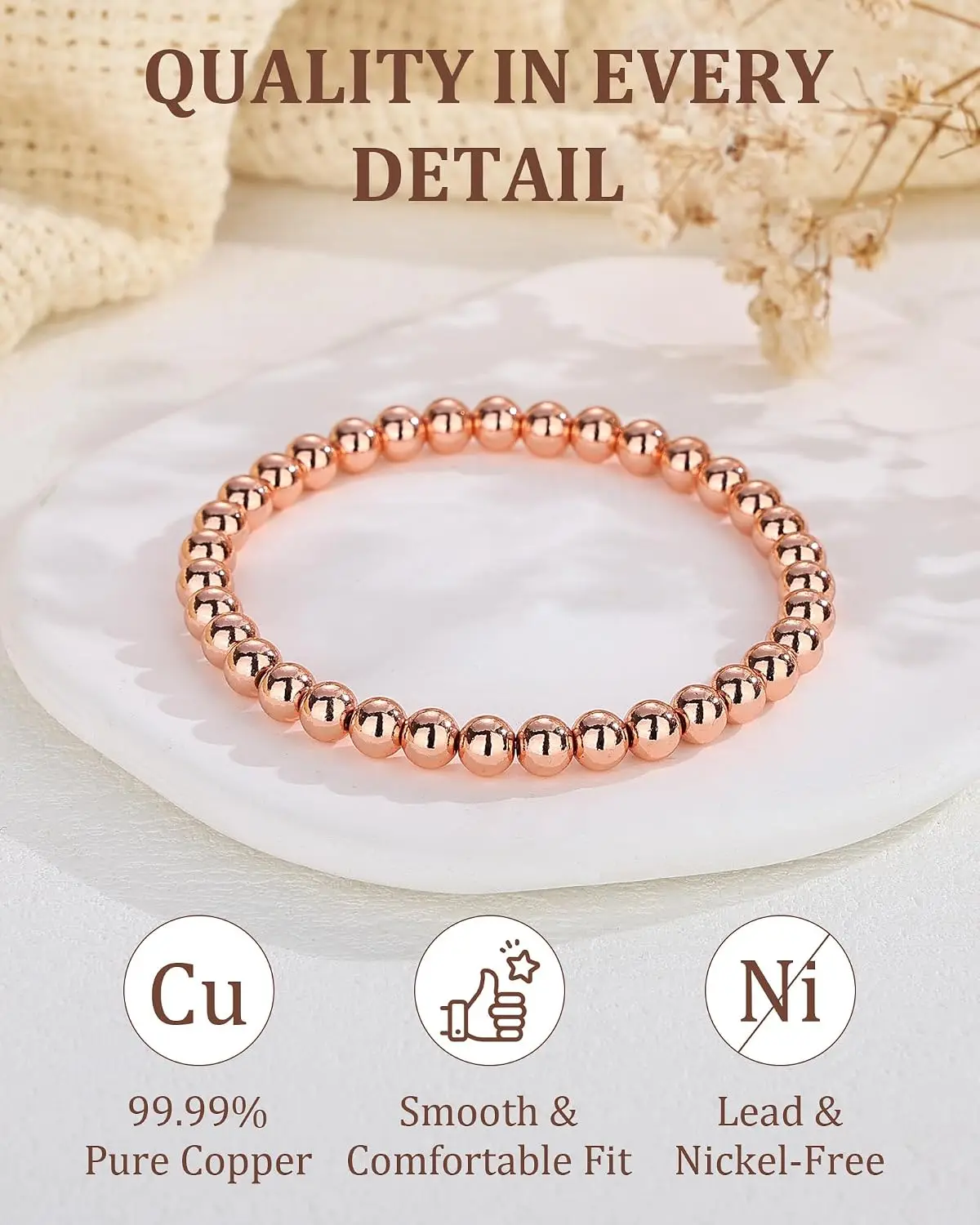ARADOO Unisex Pure Copper Bead Bracelet Fashion Hand Beaded Jewelry Gift