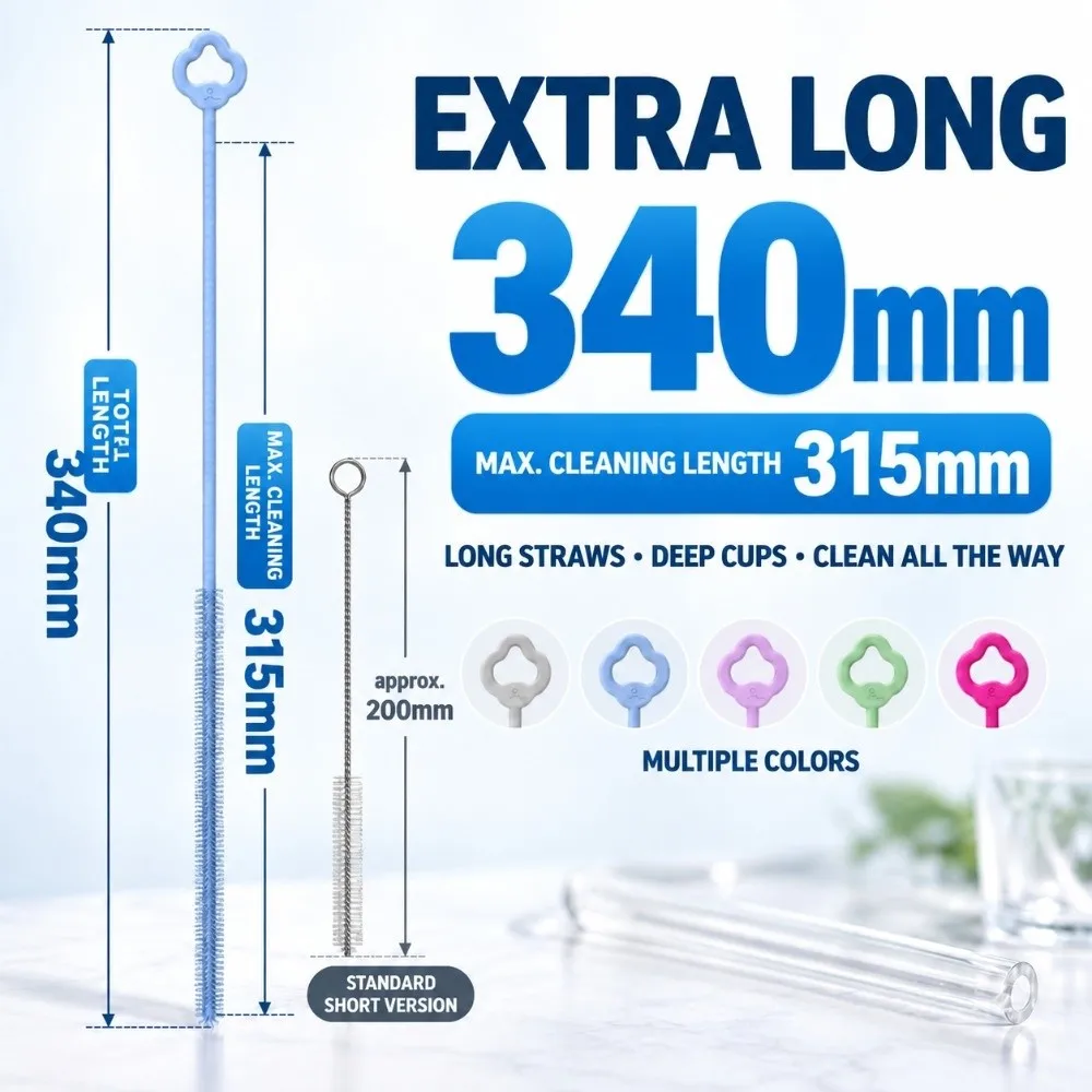 34cm Extended Version Silicone Straw Brush Long Handle Soft Bristle Extra Long Brush Hanging Loop Straw Cleaning Brush