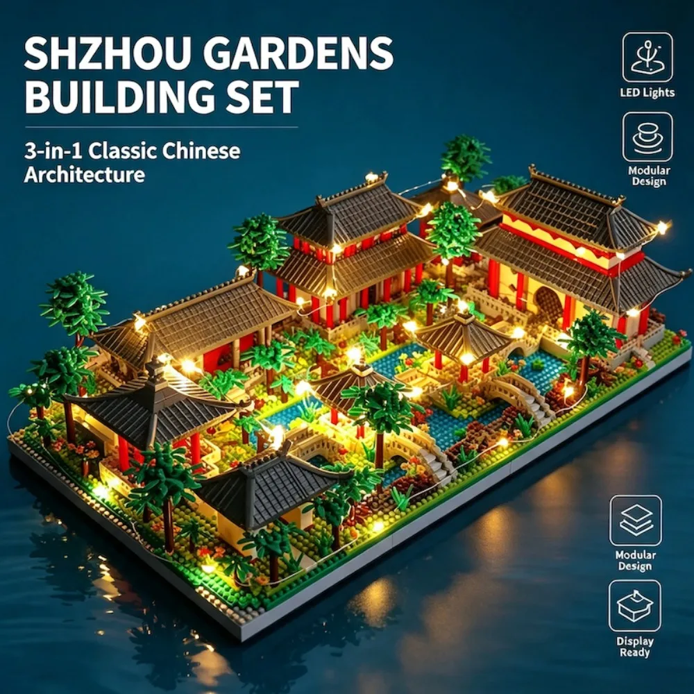 Chinese Traditional Suzhou Classical Building Block Yard Garden Model Tree Architecture Mini Diamond Bricks Toy Christmas Gift