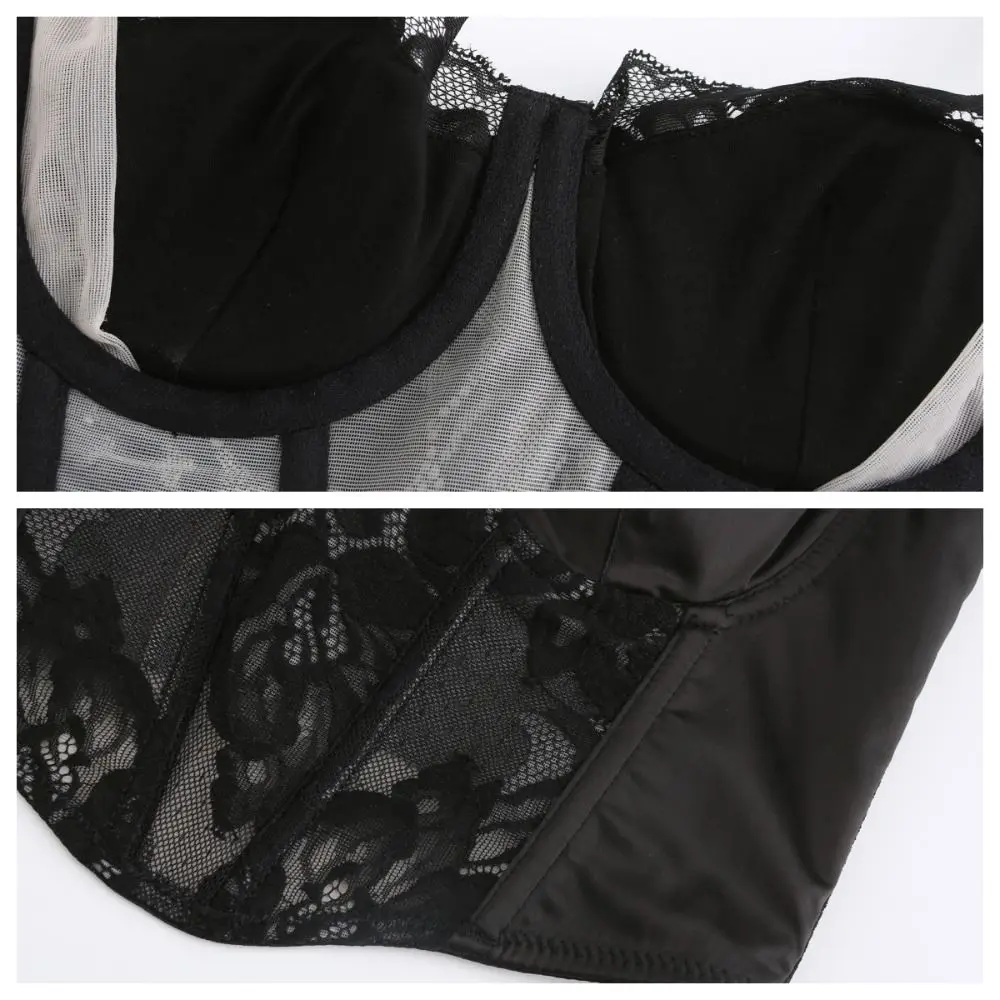 Sweet Thin Lace Corset Top Satin Silk Shockproof Fishbone Vest Bras Close-fitting Translucency Waistcoat Underwear Women