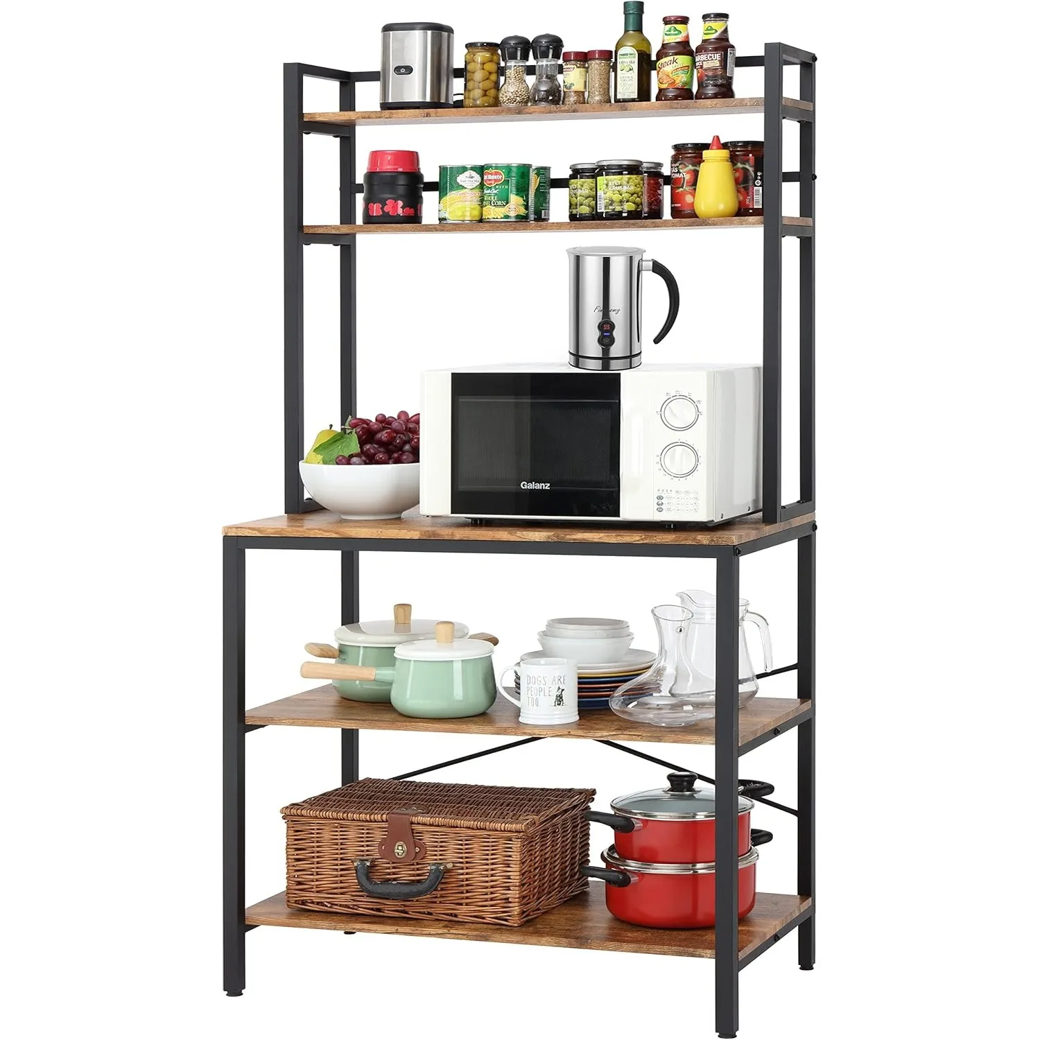 Kitchen Bakers Rack with Storage, Freestanding Microwave Oven Stand with Hutch, Wood Kitchen Rack with Shelves for Living