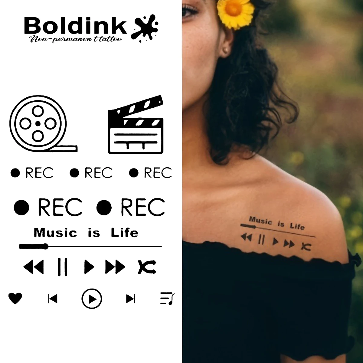 Movie and music player Temporary Tattoo,Lasts To 15 Days New Technology Magic Waterproof Semi Permanent Sticker.