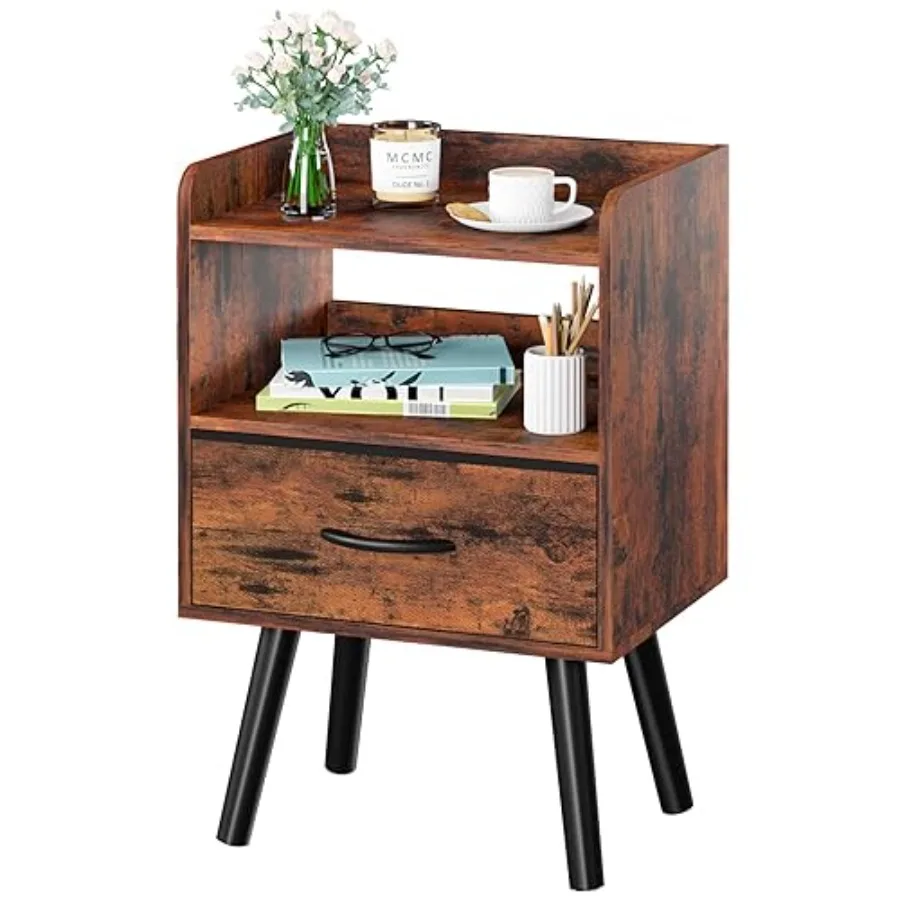 

Night Stand with Fabric Drawer Modern Nightstand Bedside Tables Mid Century Nightstands with Open Storage Shelf Wood Bedside Ta