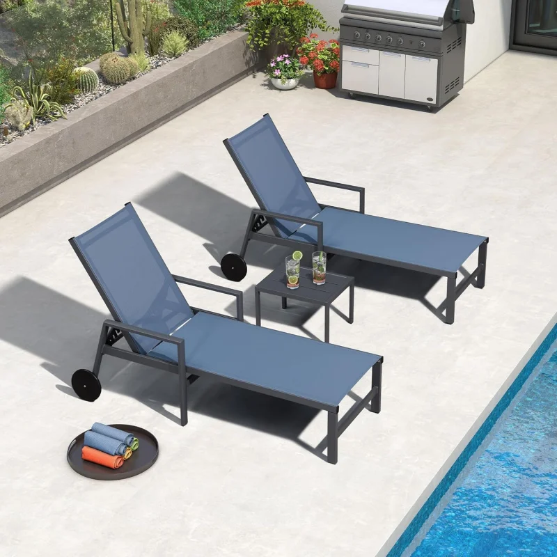 

Set of 2 Aluminum Patio Chaise Loungers, Outdoor Lounge Chairs with Armrest, Wheels & Adjustable Back,Straight-leg/ Armrest