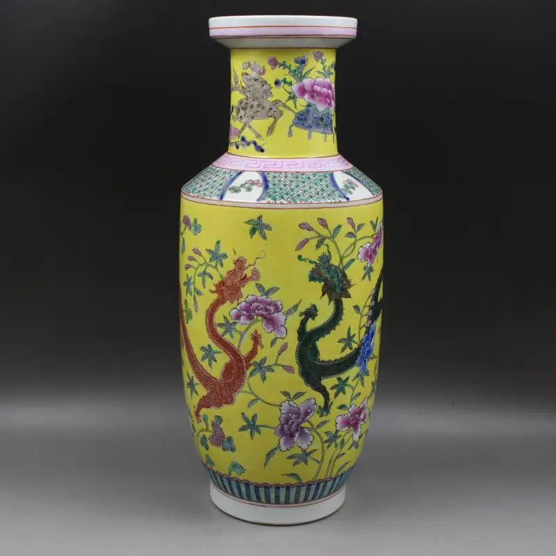Qing Kangxi Vase mit gelbem Drachenmuster, Flasche, antikes Porzellan, Heimtextilien, Wohnvase, Blumenstrauß, Boxen, Sammlung