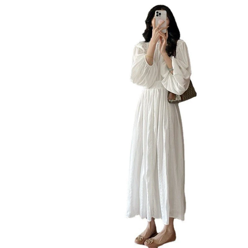 韓国シックな春フレンチ Simplici レーススタンドカラーパッチワークカットアウトレースかぎ針編みプリーツウエストタイトドレス女性