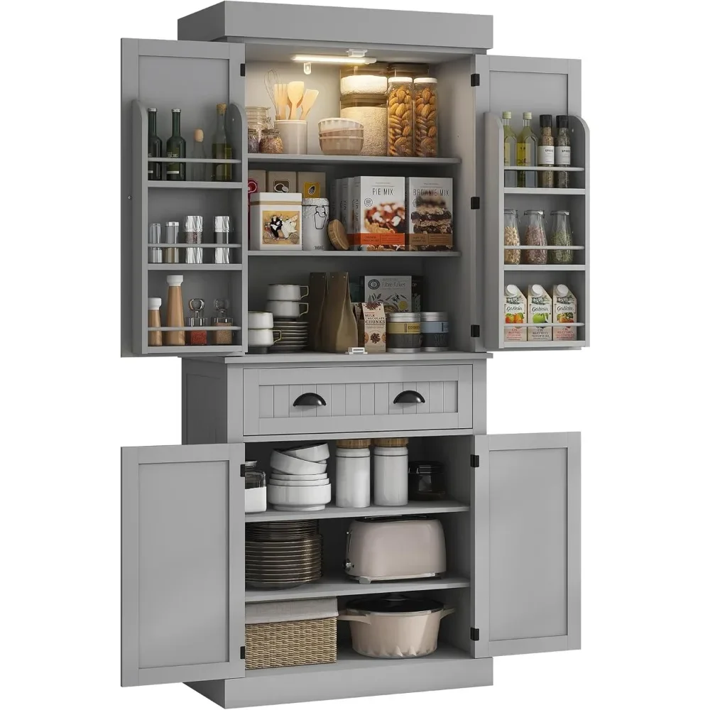 Kitchen Pantry Cabinet with Motion Sensor Light, Tall Storage Cabinet with 6 Door Shelves, a Drawer & 4 Adjustable Shelves