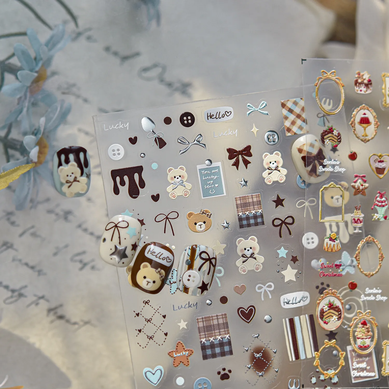 Ours nœud papillon crème glacée chocolat sucré gâteau nourriture pomme étoile bouton cadre grille Art auto-adhésif Nail Art autocollant manucure décalcomanies