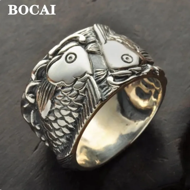 

BOCAI New 100% s925 Silver Jewelry Stylish Personality Pisces Playing in the Water Happy Couple Man and Woman Ring