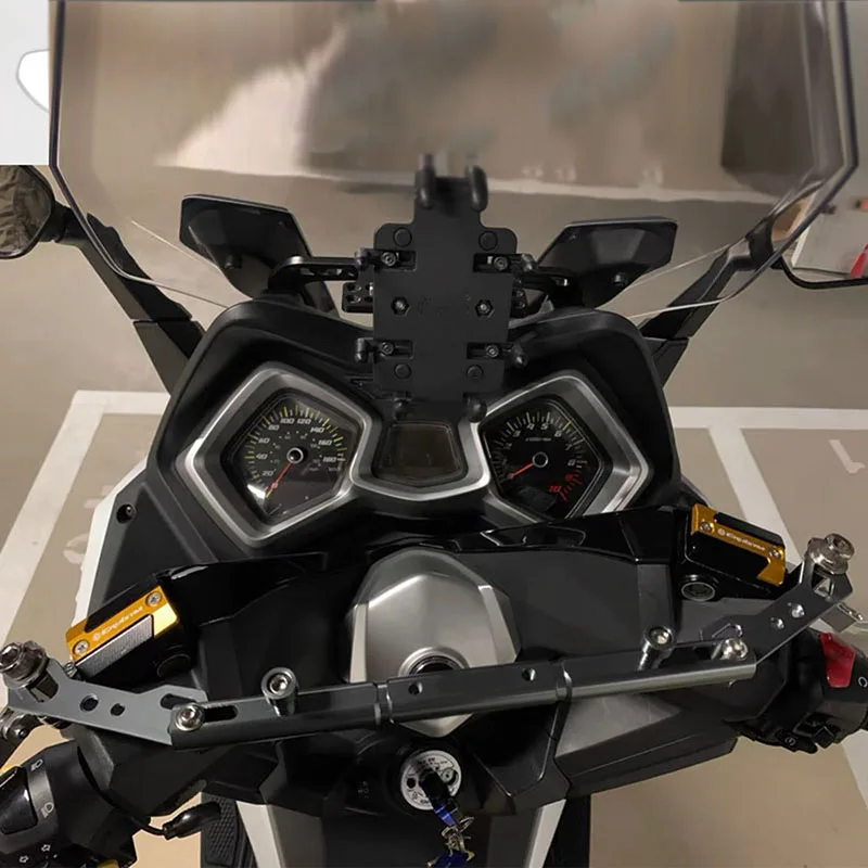แฮนด์จับมัลติฟังก์ชั่นแบบปรับได้สำหรับมอเตอร์ไซค์ ยี่ห้อ Universal Motorcycle Strengthen CNC พร้อมที่ยึดโทรศัพท์ GPS สีทอง/ดำ